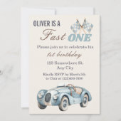 Invitation Fast One 1st Birthday Blue Race Car Boy (Devant)