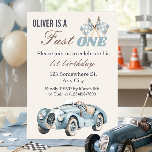 Invitation Fast One 1st Birthday Blue Race Car Boy