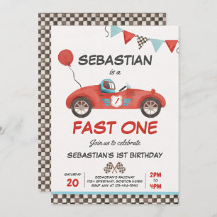 Invitation Fast One Anniversday Party Red Race Car 1er Annive