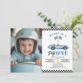 Invitation Fast One Blue Photo Race voiture garçon 1er annive (Debout devant)