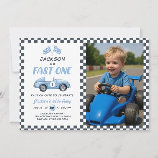 Invitation Fast One Blue Race Car 1er Anniversaire Photo (Devant)