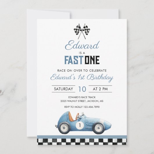 Invitation Fast One Blue Race Car 1st Birthday (Devant)