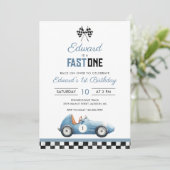 Invitation Fast One Blue Race Car 1st Birthday (Debout devant)