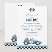 Invitation Fast One Blue Race Car 1st Birthday (Devant / Derrière)