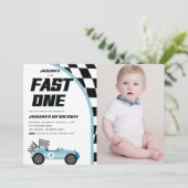 Invitation Fast One Blue Race Car Anniversaire Photo (Debout devant)