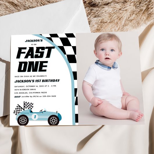 Invitation Fast One Blue Race Car Anniversaire Photo