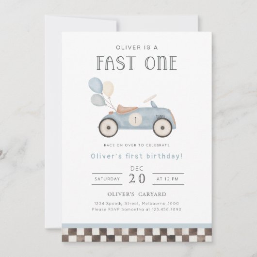 Invitation Fast One Blue Race Car & Balloons 1er anniversaire (Devant)