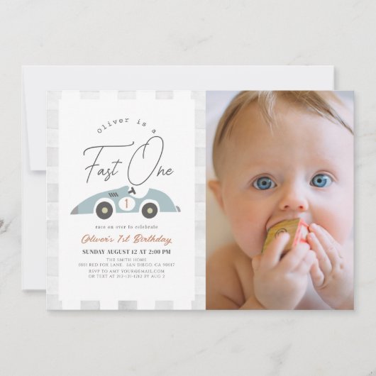 Invitation Fast One Blue Race Car Boy 1er Anniversaire Photo (Devant)