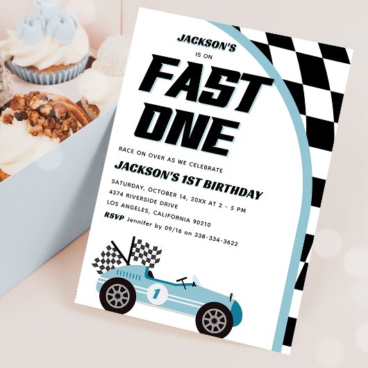 Invitation Fast One Blue Race Car fête d'anniversaire