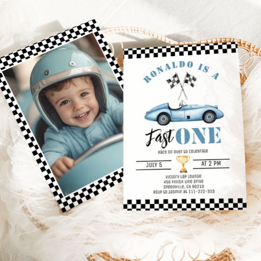 Invitation Fast One Blue voiture de course Boy 1er anniversai