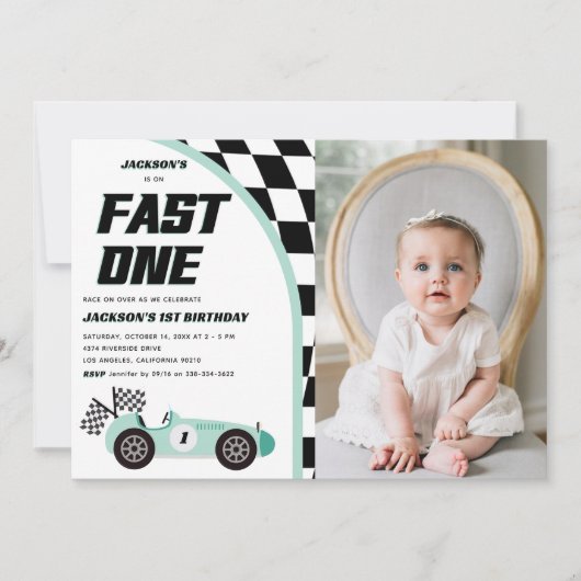 Invitation Fast One Green Race Car fête d'anniversaire (Devant)
