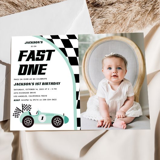 Invitation Fast One Green Race Car fête d'anniversaire