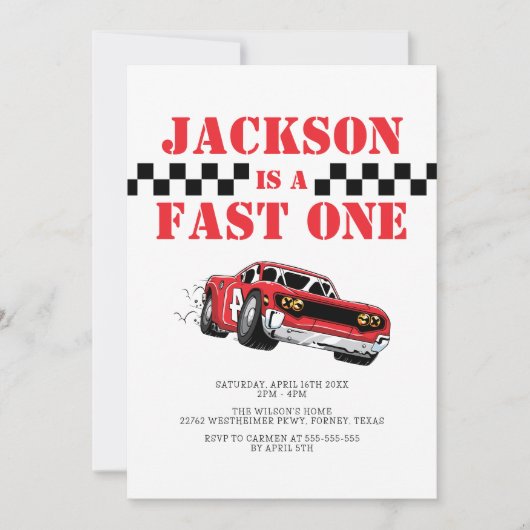 Invitation Fast One Modern Red Race Car Garçon 1er anniversai (Devant)