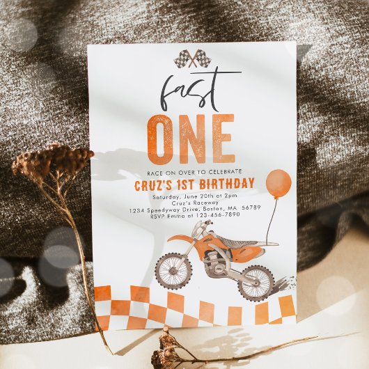 Invitation Fast One Orange Dirt Bike Boy 1ère fête d'annivers