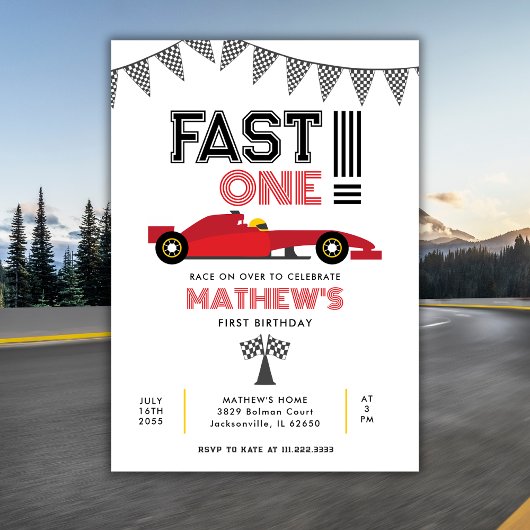 Invitation Fast One Race Car 1st Boy Birthday Party