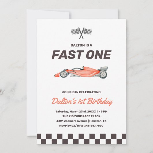 Invitation Fast One Race Car 1st Boy's Birthday Party (Devant)