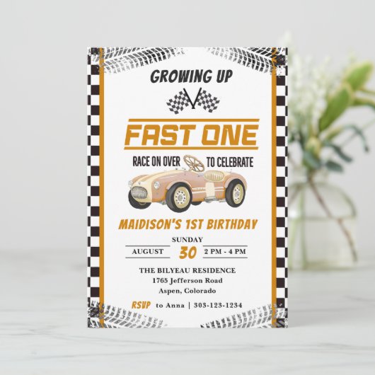 Invitation Fast One Race Car Boy 1ère fête d'anniversaire (Debout devant)