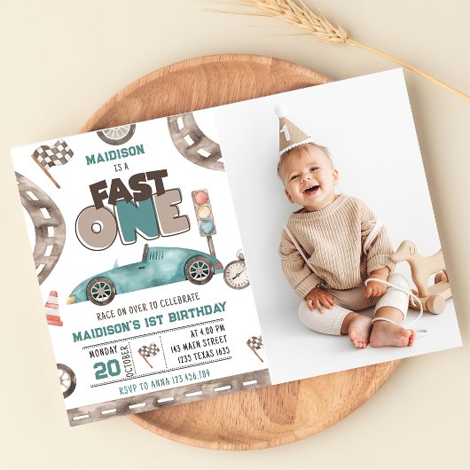 Invitation Fast One Race Car Boy 1st Birthday Party Photo