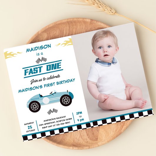 Invitation Fast One Race Car Boy 1st Birthday Party Photo