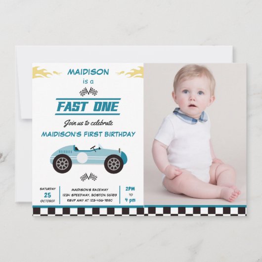 Invitation Fast One Race Car Boy 1st Birthday Party Photo (Devant)
