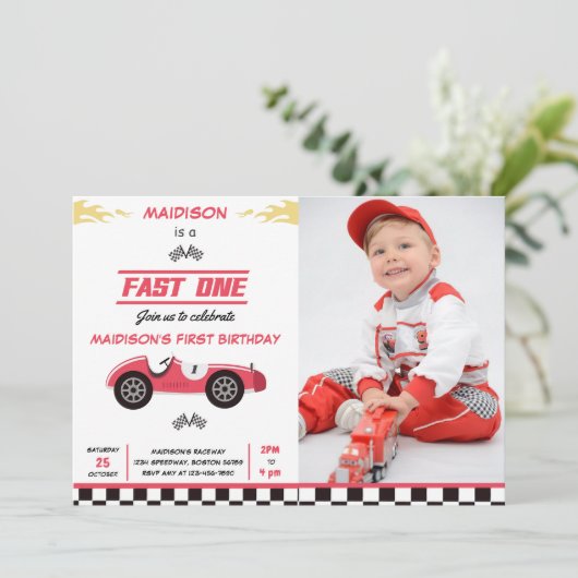Invitation Fast One Race Car Boy 1st Birthday Party Photo (Debout devant)