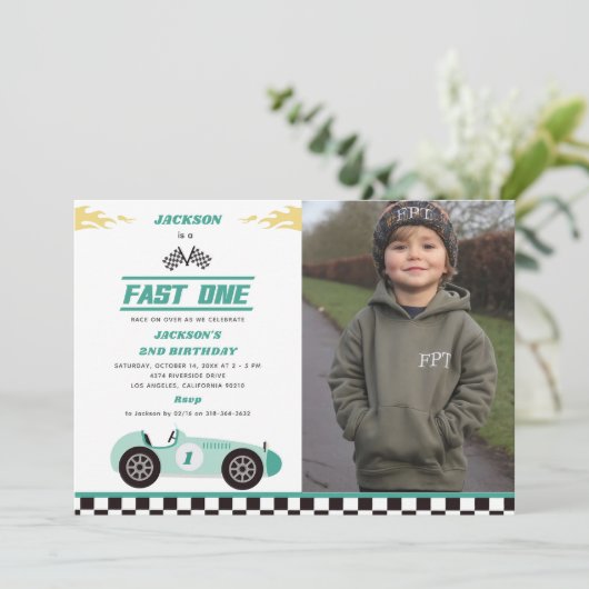 Invitation Fast One Race Car Boy 1st Birthday Party Photo (Debout devant)
