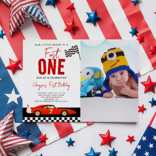 Invitation Fast One Race Car Boy Photo 1er Anniversaire