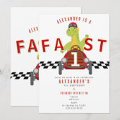 Invitation Fast One Race Car Racing Car Dinosaur 1st Birthday (Devant / Derrière)