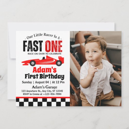 Invitation Fast One Red Race Car Boy 1er anniversaire (Devant)