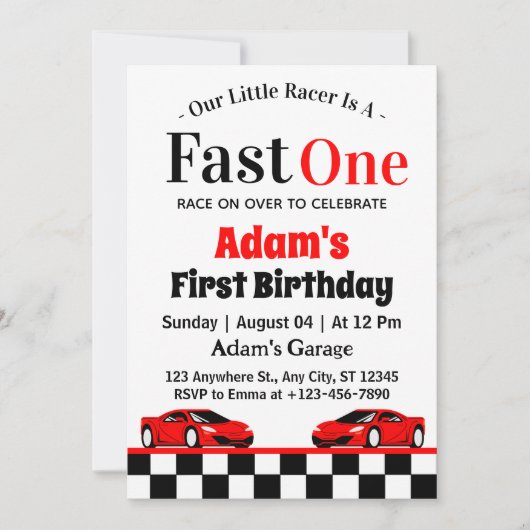 Invitation Fast One Red Race Car Boy 1er anniversaire (Devant)