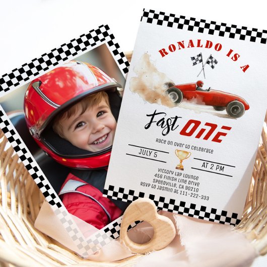 Invitation Fast One Red race car Garçon 1er anniversaire Phot