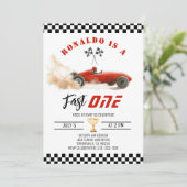 Invitation Fast One Red race car Garçon 1er anniversaire Phot (Debout devant)
