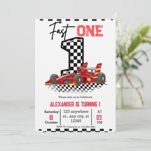 Invitation  Fast One Speed Red Race 1st Birthday Boy (Debout devant)