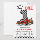 Invitation  Fast One Speed Red Race 1st Birthday Boy (Devant / Derrière)