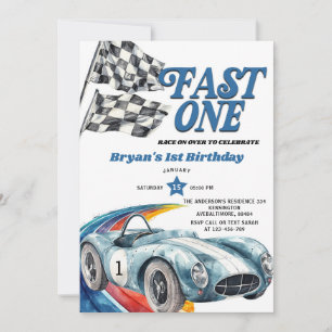 Invitation Fast One Vintage Blue Race Car Boy Premier anniver