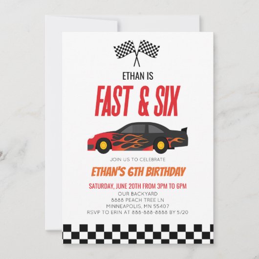 Invitation Fast & Six Red Flame Race Car 6e fête d'anniversai (Devant)