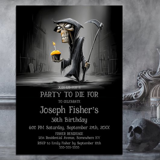 Invitation Faucheuse drôle avec gâteau d'anniversaire