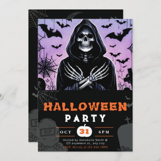 Invitation Faucheuse violette et noire Squelette Halloween (Devant / Derrière)