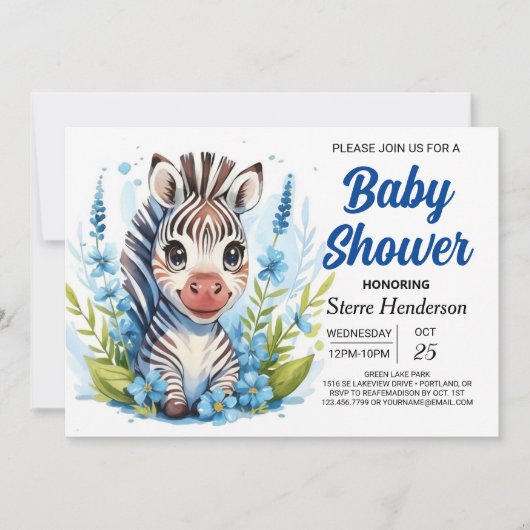 Invitation Faune Joyeuse aventure Zebra Boy Baby shower (Devant)