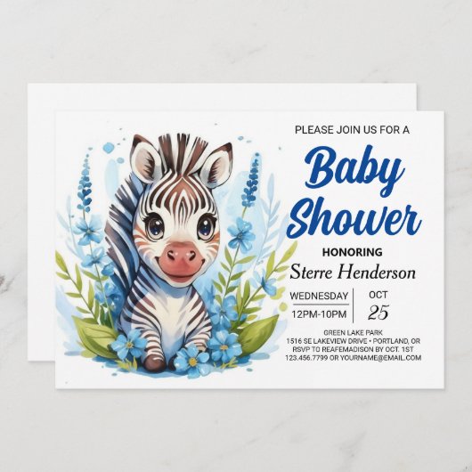 Invitation Faune Joyeuse aventure Zebra Boy Baby shower (Devant / Derrière)