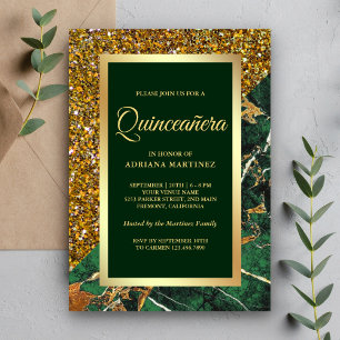 Invitation Fausse émeraude verte pailletée or Marbre Quincean