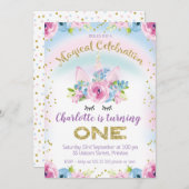 Invitation fausse Gold Unicorn Rainbow 1er anniversaire Invit (Devant / Derrière)