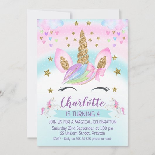 Invitation fausse Gold Unicorn Rainbow 1er anniversaire Invit (Devant)