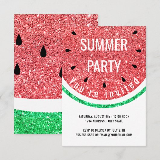 Invitation fausse pastèque pailletée fête d'été (Devant / Derrière)