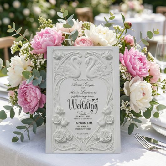 Invitation Faux 3D Embossed White Swan Floral Formal Wedding
