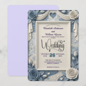 Invitation Faux 3D Relief Dusty Blue Floral Wedding  (Devant / Derrière)