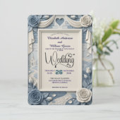 Invitation Faux 3D Relief Dusty Blue Floral Wedding  (Debout devant)