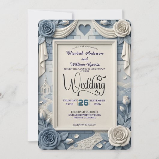Invitation Faux 3D Relief Dusty Blue Floral Wedding  (Devant)