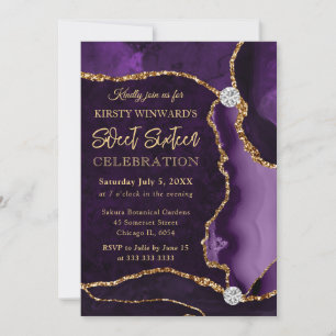 Invitation Faux agate violet et or scintillant Sweet 16