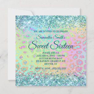 Invitation Faux Aqua Bleu Pailleté Dégradé Léopard Arc-en-Cie